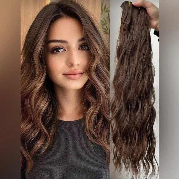Copper Highlights Brown  Wavy 22 In Clip in  Hair Extensions - Human hair Blend