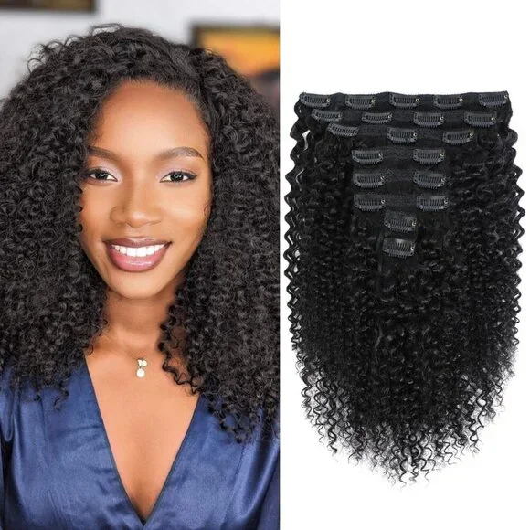 Kinky Curly Human Hair Clip Ins 14 Inch 8Pcs Natural Black No Shedding