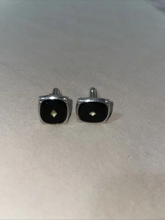 Vintage Cufflinks Silver In Color Black With Stone Great Gift. Signed Shields