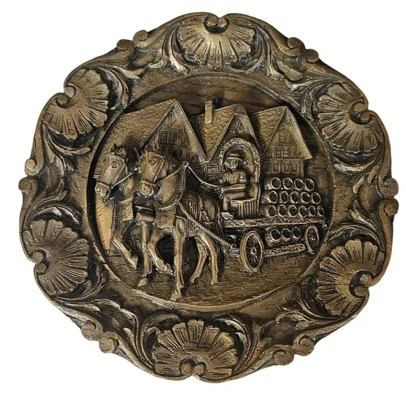 Vintage 3D Relief Brown Wood Resin Wall Plaque Horse Drawn Carriage Village 9