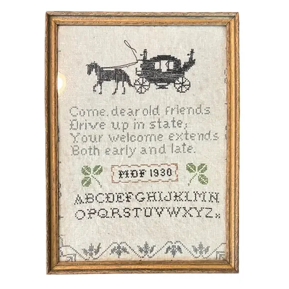 Vintage 1930 Framed Cross Stitch Sampler Horse Carriage Folk Art Cottagecore