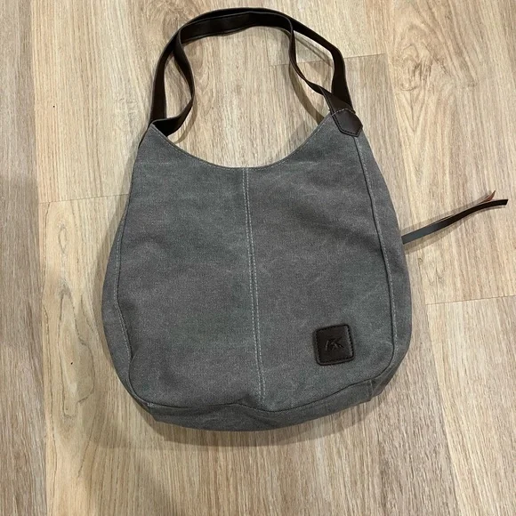 Canvas Hobo Bag in Gray with Leather Trim