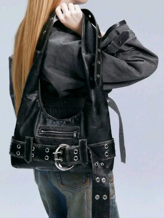 Black Leather Studded Belt-Tote Bag
