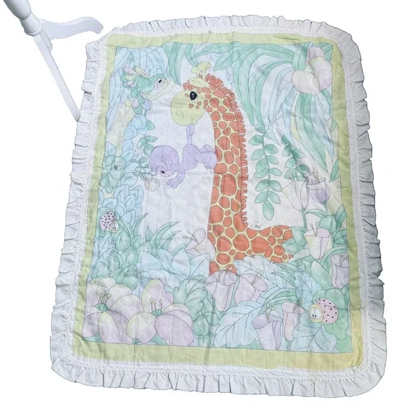 Precious Moments Baby Animals Quilted Crib Blanket Safari Zoo Jungle Vintage 90s