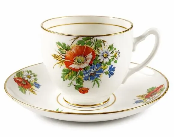 Duchess Bone China England Teacup Saucer Set Wildflower Poppy Gold Trim