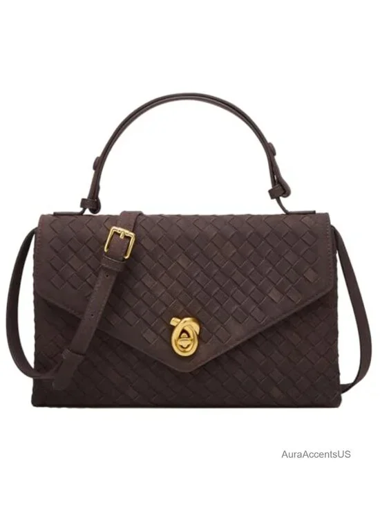 Faux Suede Woven Hobo Crossbody Bag with Turn-Lock Closure