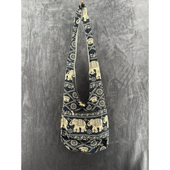 Boho Elephant Print Crossbody Sling Hobo Bag Cotton Black Beige Zip Pockets