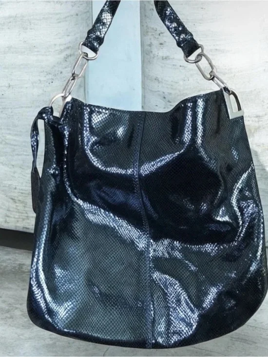 Badgley Mischka Leather Satchel Blue Black Iridescent Bag Snake Skin Style Tote
