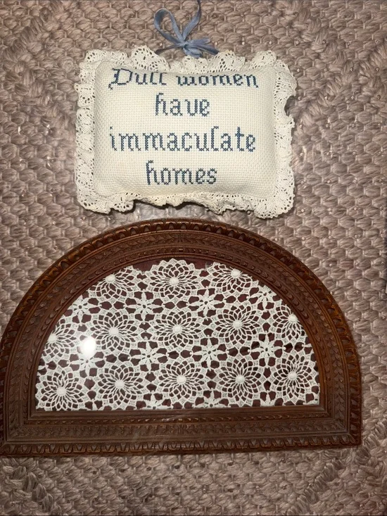 Vintage Lace Wall Hanging / Decorative Cream and Blue Cross-Stitch Wall Pillow