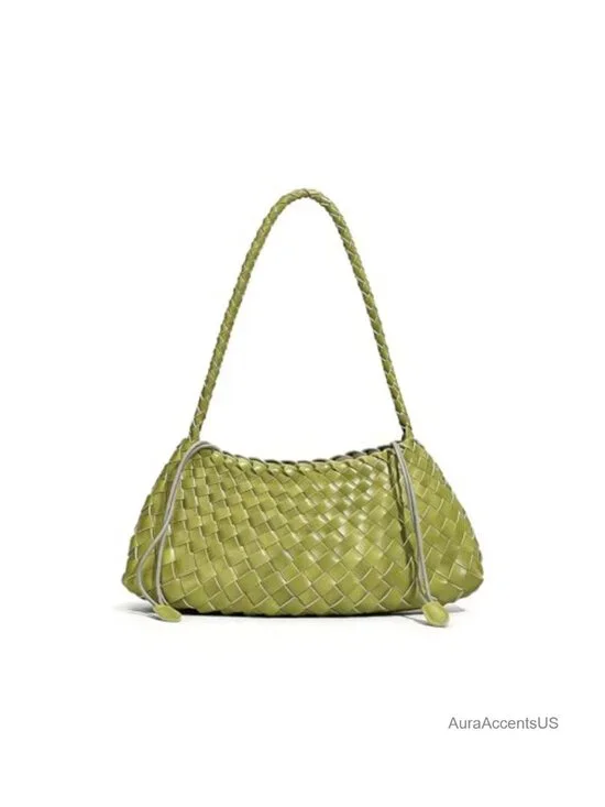 Woven Leather Shoulder Hobo Bag, Large Capacity, Drawstring Closure, Women