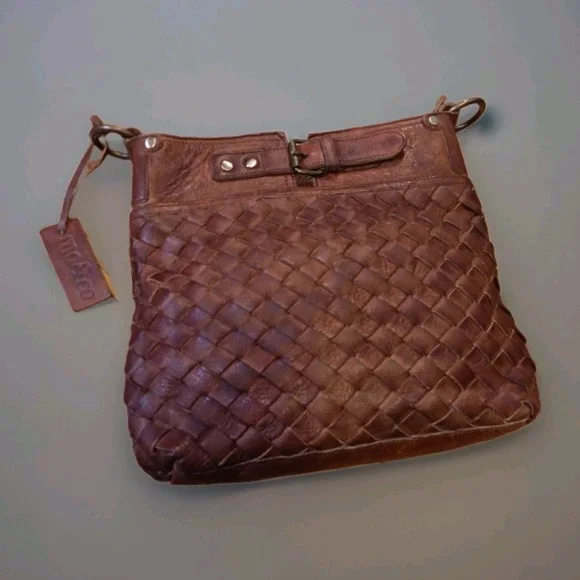 Mo&Co Woven Genuine Leather Shoulder Bag Brown Hobo Purse Intrecciato Style