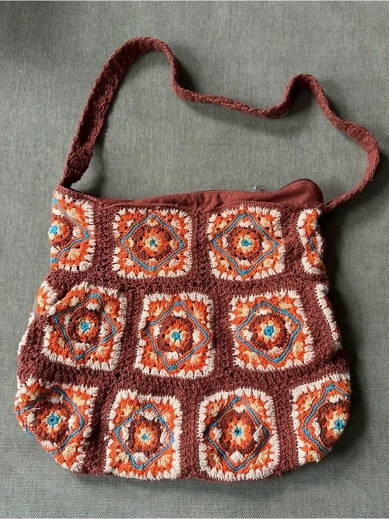 Free People Catch Me Crochet Hobo Granny Squares Brown Bag