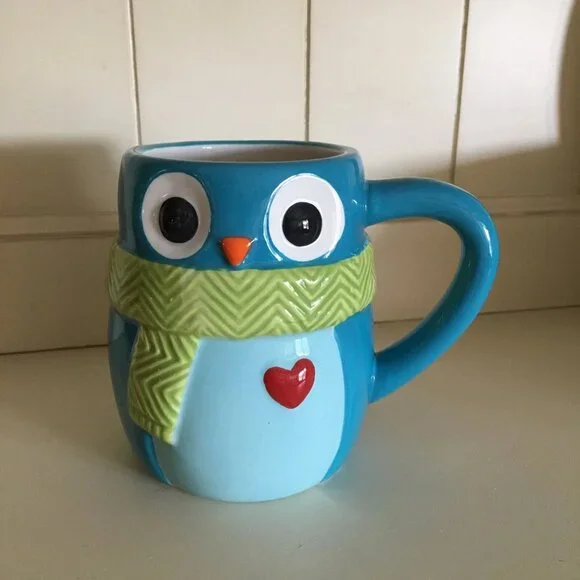 Teal Blue Owl Coffee Mug w/ Heart & Scarf Merry Merry St Nicholas Square