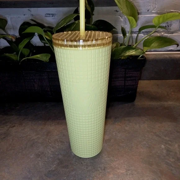 NEW Starbucks 24 oz Meadow Yellow Soft Touch Grid Tumbler Cold Cup Coffee