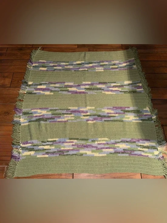 Handwoven Green Textured Throw with Purple & Cream Stripes
