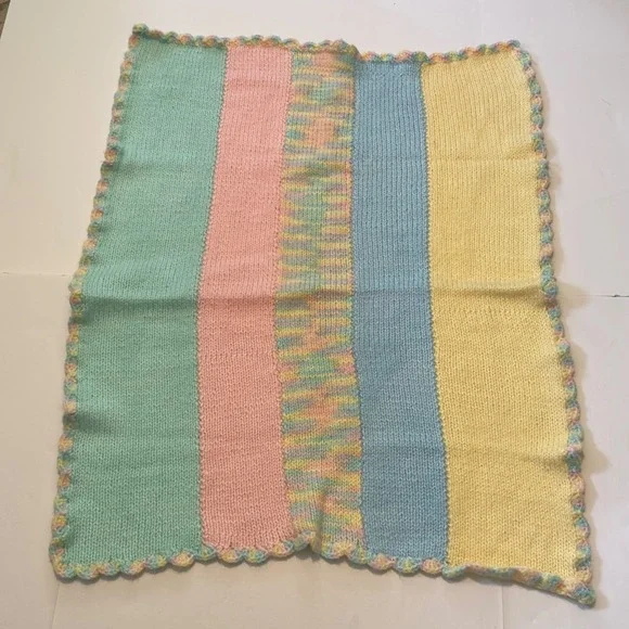 Handmade Knit Baby Blanket Pastel Stripe Scallop Crochet Edge Multi Color 30X38