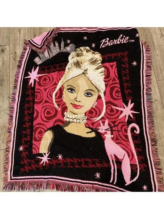 Vintage Barbie pink and black acrylic blanket with graphic of a woman with a cat