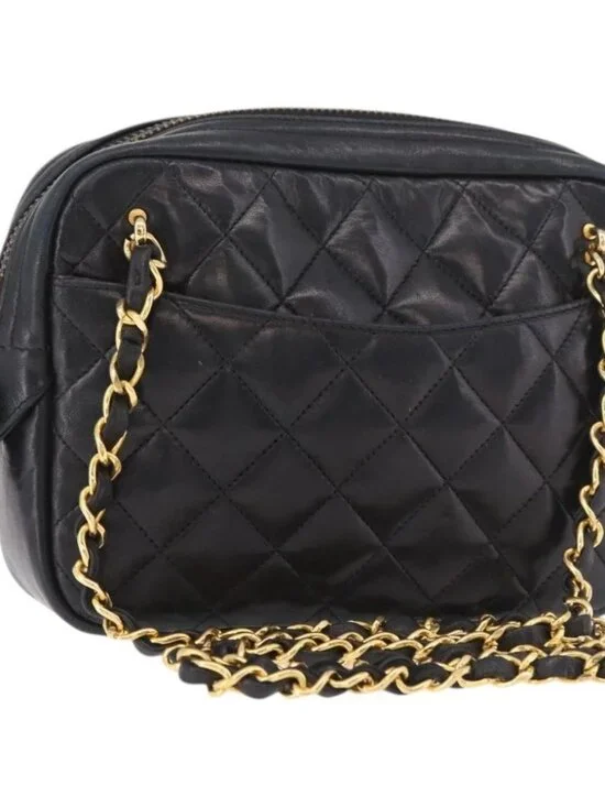 CHANEL Matelasse Chain Shoulder Bag Lamb Skin Black Gold CC Auth 188446