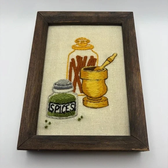 Vintage 1975 Hand Embroidered Crewelwork Kitchen Spice Wall Art Framed  6.5x8.5