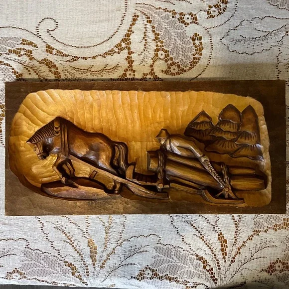Vintage Hand Carved Wood‎ Relief Plaque Horse Sled Logger Cottagecore Rustic