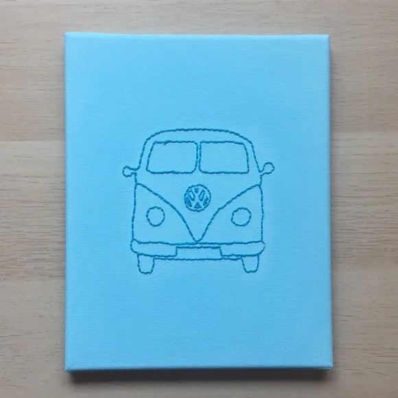 Handmade NEW Canvas Wall Art, Embroidered Volkswagen Bus