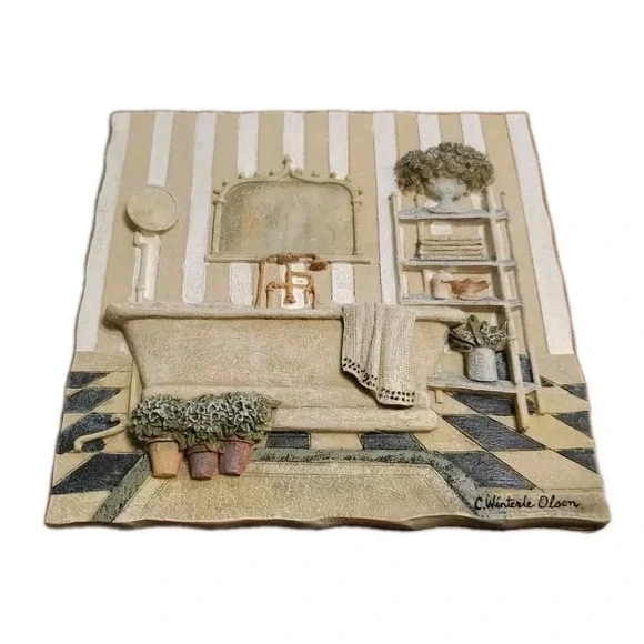 C.‎ Winterle Olson Signed 3D Wall Art Tile Bathtub Floral Plants 5.25inx5.5in