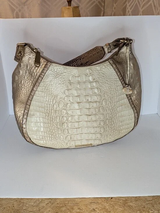 Brahmin Amira Hobo Shoulder Bag Leather Croc Embossed Champagne Koubba