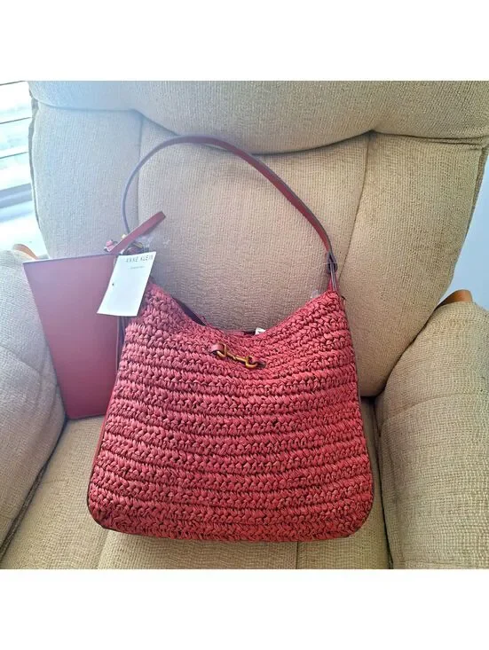 NWT Anne Klein Issa Red Straw Hobo Shoulder Bag w Wristlet & Tassle Key Ring