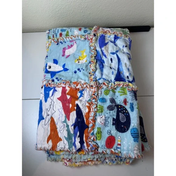 Handmade Shark Sea Creature Flannel Rag Quilt Kids Soft Coastal Nautical‎ Indie