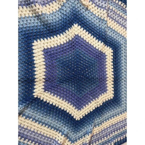 EUC Handmade Crochet Hexagon Blanket Blue Ombre Gradient Throw 34