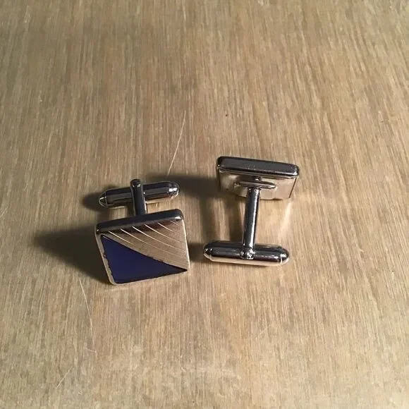 Vintage Mid-Century Silver Tone & Blue Enamel Cufflinks - Geometric Sunburst