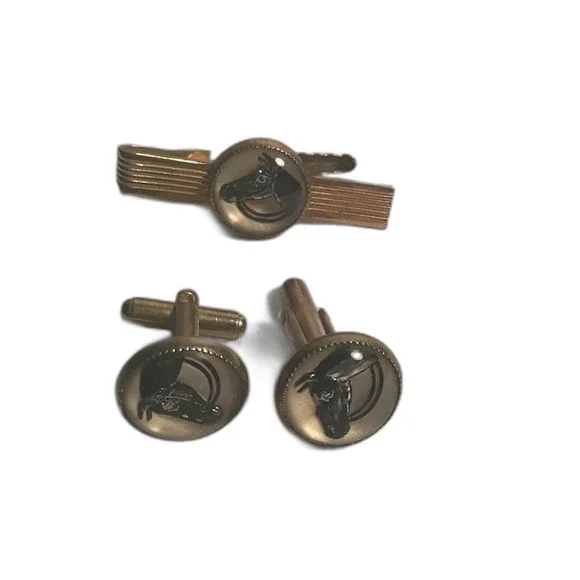 Vintage Gold Tone Horse Head Cufflinks & Tie Bar Set - Equestrian Mid-Century
