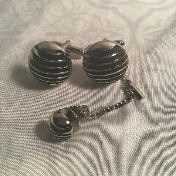 Vintage Mid-Century Silver Tone Black Ribbed Cufflink & Tie Tack Set - Art Deco