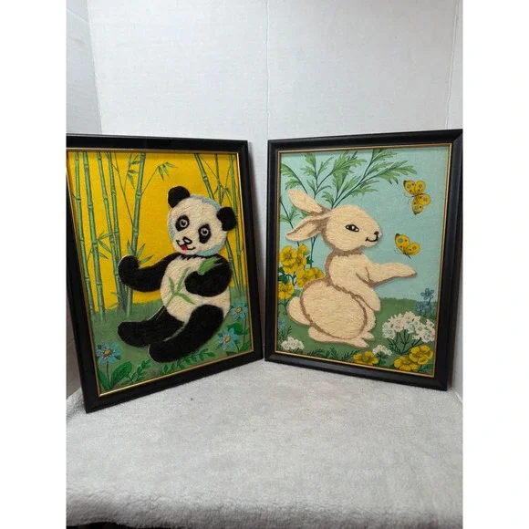 Vintage 60s Handmade Fuzzy Wall Art Kids 10x13 3D Fiber Panda Bunny Set of 2