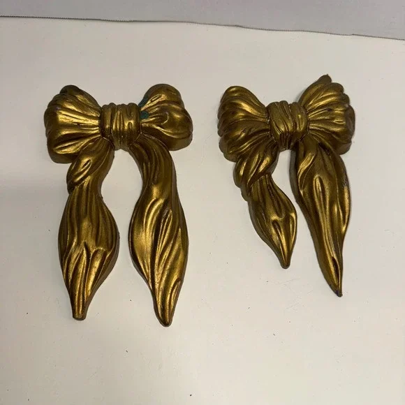 Vintage Gold Tone Bow Wall Decor Set‎ of 2 Coquette Hanging Accents HOMCO Style