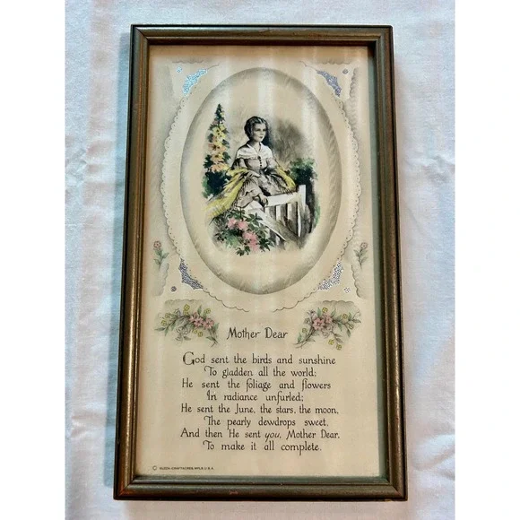 Vintage Buzza Company Mother Dear Framed Poem Lithograph Wall Art Craftacres 5x9