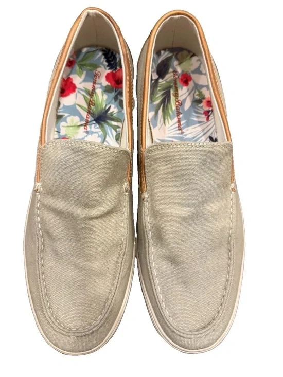 Tommy Bahama Beige Canvas Slip-On Loafers with Tan Trim men’s size 11