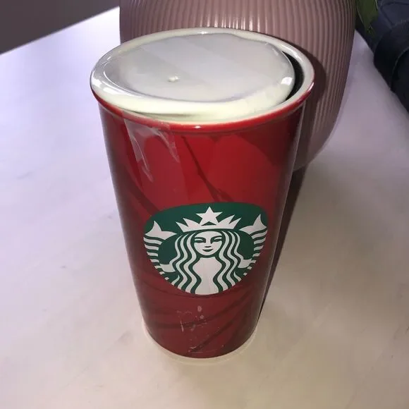 Starbucks Red Ceramic Travel Mug Holiday Coffee Cup with Lid NWOT
