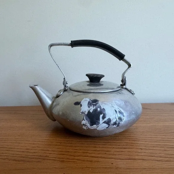 Vintage Aluminum Tea Kettle Cow Graphic Farmhouse‎ Decor Rustic Teapot Small