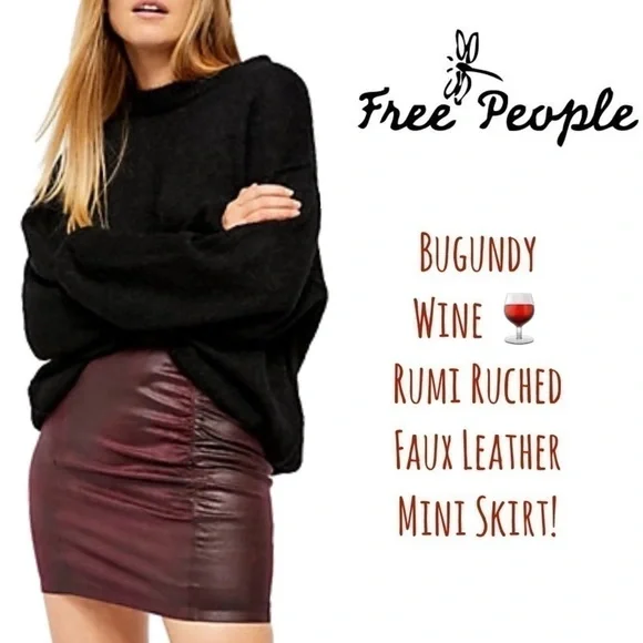 Free People Burgundy Faux Leather Ruched Skirt NWT