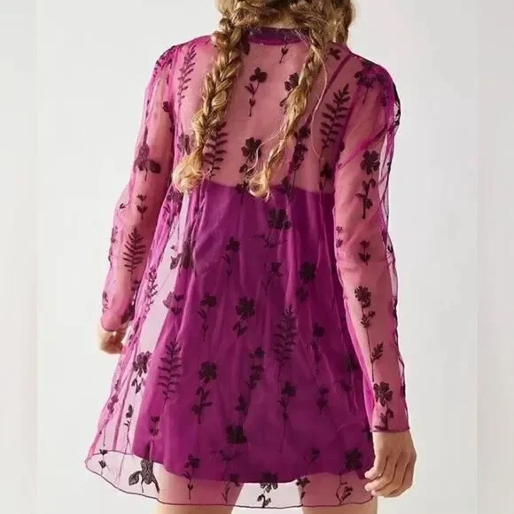 Free People - Cecelia Sheer Mini Dress, Fuchsia, Size S