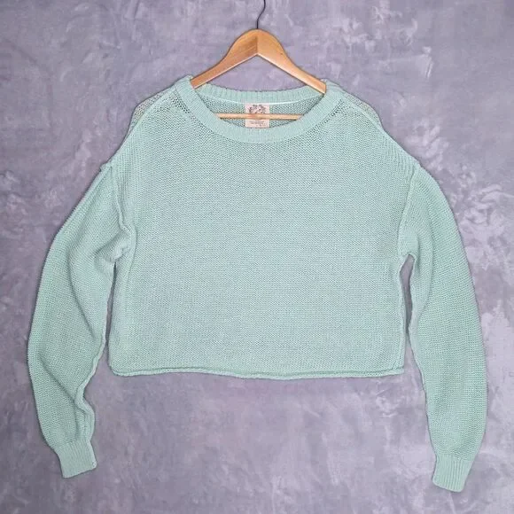 WE THE FREE Green Cropped Open Knit Sweater Size S Beachy Slouchy Preppy Boho