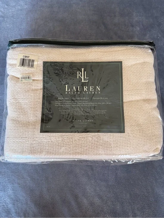 NWT Lauren Ralph Lauren Vintage Cream Textured Knit Bed Blanket ONE FULL/QUEEN