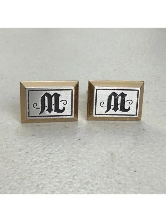Vintage Letter M Cuff Links 60s Hickok Olde English Initial Gold Silver Tone