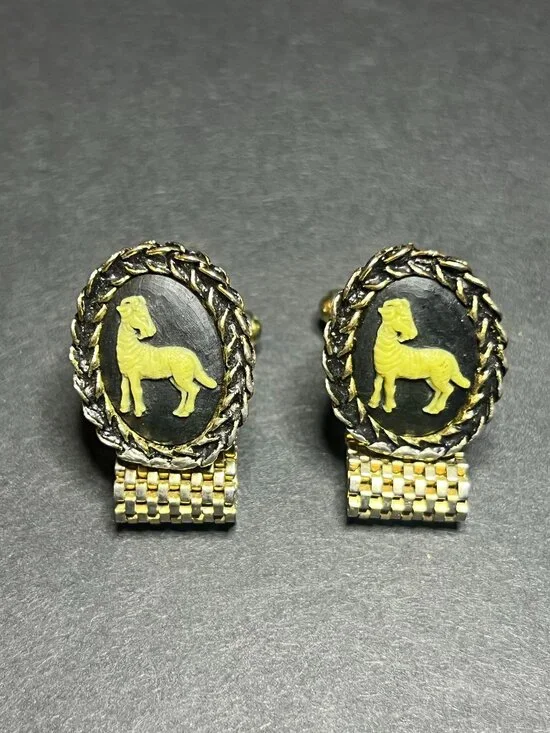 Vintage Gold Tone & Black Cameo Ram Goat Aries Zodiac Mesh Wrap Cufflinks