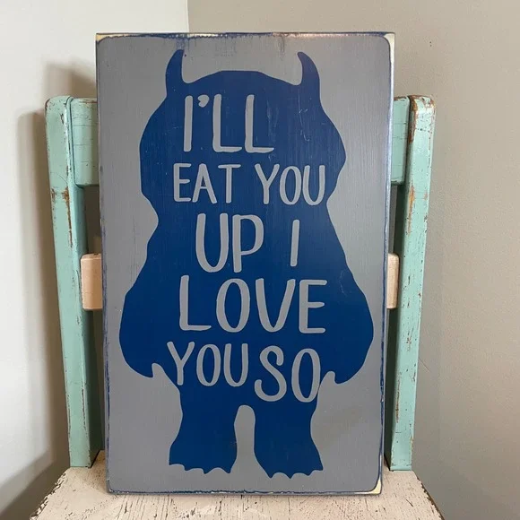 Where the Wild Things Are Monster Wood Wall Art Sign Blue Nursery Decor 18x11