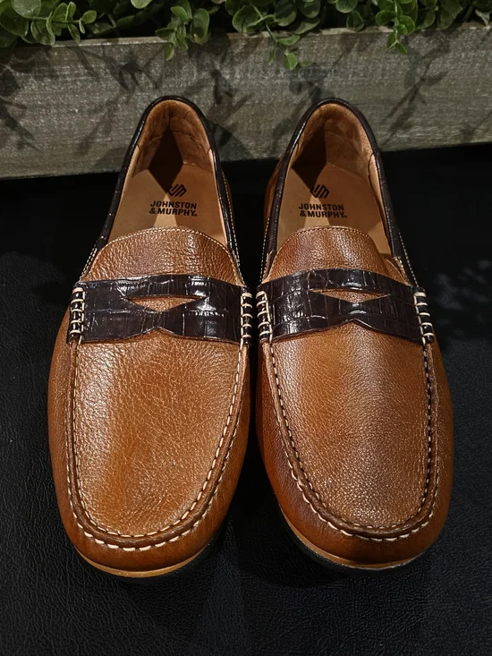 Johnston & Murphy Cognac Leather Loafers Shoes W/Drk Brown Strap Men's Sz 12
