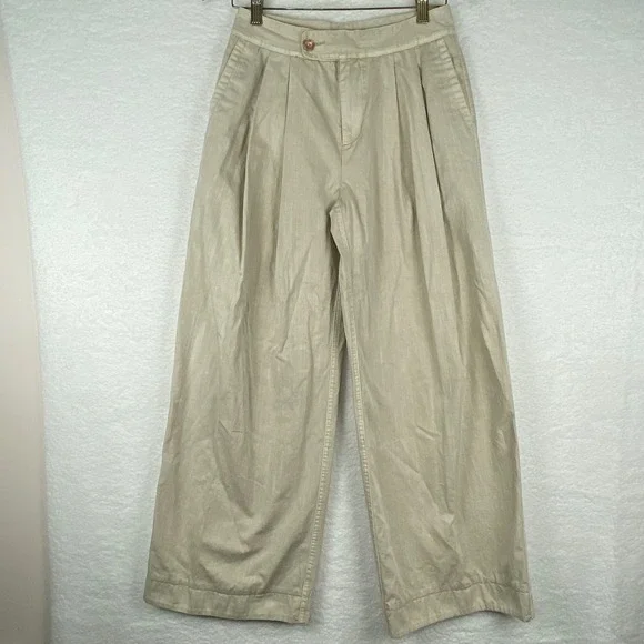 Free People Women's 2 Beige Herringbone Wide Leg‎ Pleated Trousers High Rise