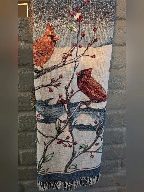 Vintage Winter Cardinals Woven Tapestry Throw Blanket Fringed 42x54 Jacquard
