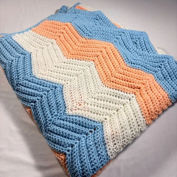 Handmade Crochet Baby Blanket Chevron Blue Peach White Textured Nursery Gift